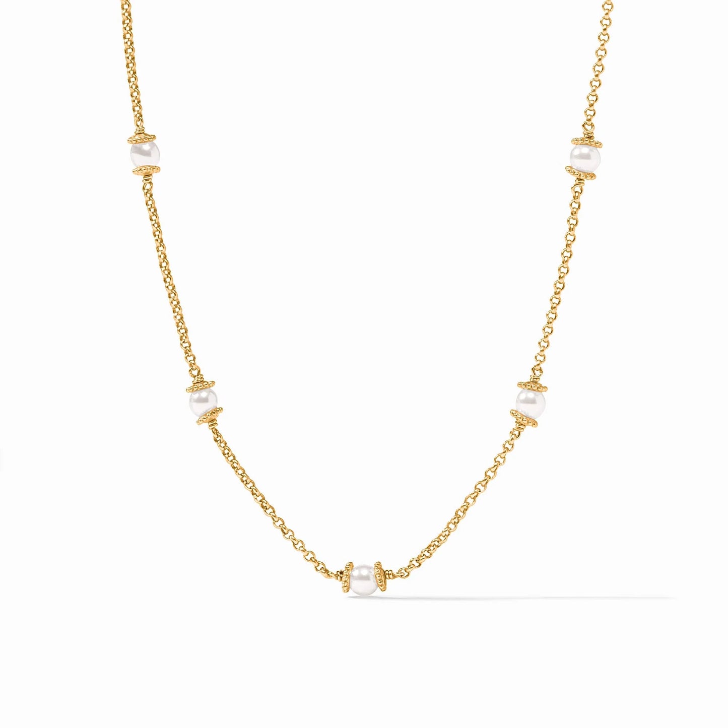 Hydra Delicate Station Necklace with evenly spaced white pearls in gold bead accents on a Venetian box chain. Available in 16″, 18″, and 20″ lengths.