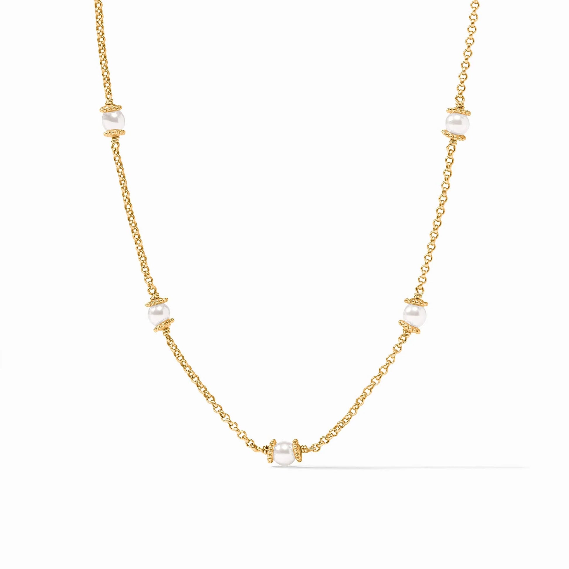 Hydra Delicate Station Necklace with evenly spaced white pearls in gold bead accents on a Venetian box chain. Available in 16″, 18″, and 20″ lengths.