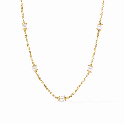 Hydra Delicate Station Necklace with evenly spaced white pearls in gold bead accents on a Venetian box chain. Available in 16″, 18″, and 20″ lengths.