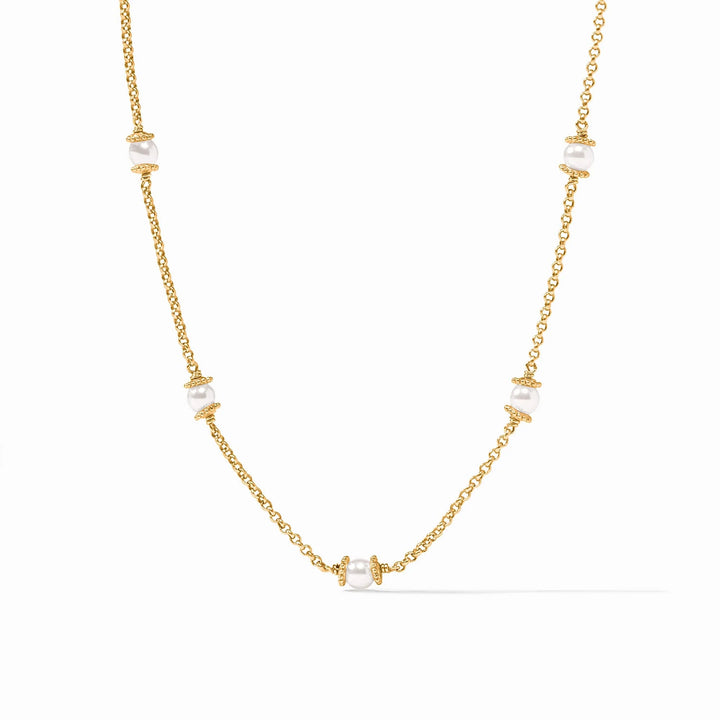 Hydra Delicate Station Necklace with evenly spaced white pearls in gold bead accents on a Venetian box chain. Available in 16″, 18″, and 20″ lengths.
