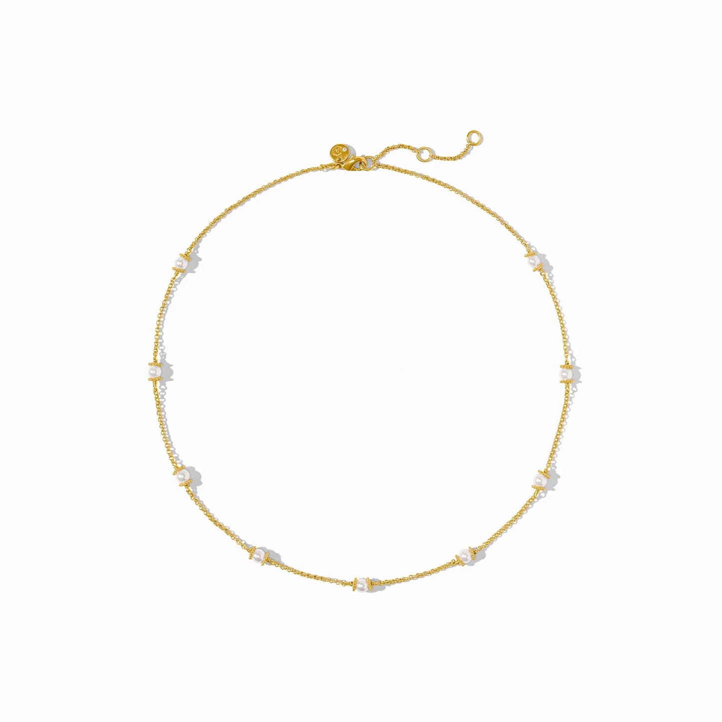 Hydra Delicate Station Necklace with small white beads on a gold Venetian box chain, adjustable closure, and small round charm near the clasp. Available in multiple sizes.