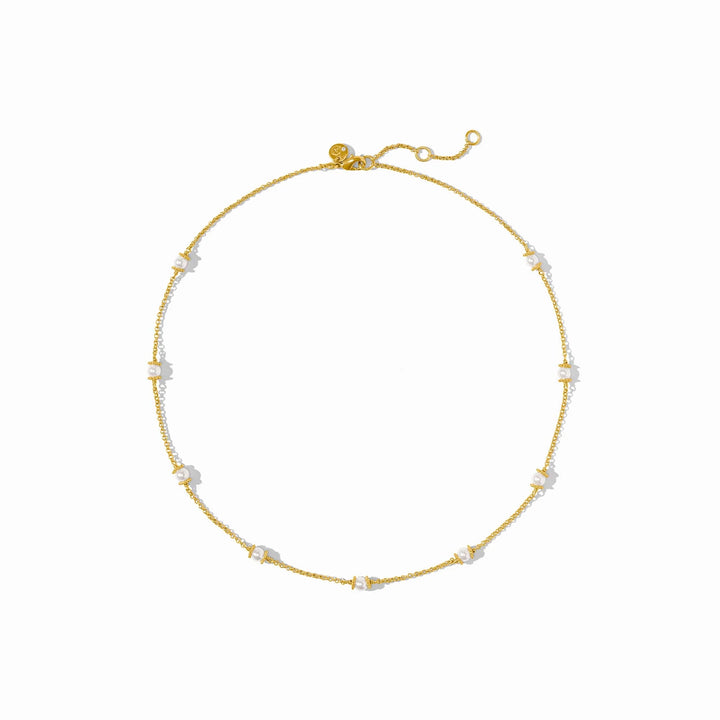 Hydra Delicate Station Necklace with small white beads on a gold Venetian box chain, adjustable closure, and small round charm near the clasp. Available in multiple sizes.