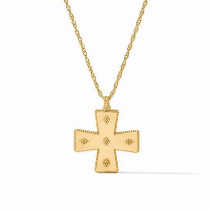 Canterbury Necklace Gold: 24K gold-plated adjustable chain with a large, flat textured cross pendant featuring four small raised diamonds and beaded edges. Secured with a lobster clasp. Available sizes: adjustable length.