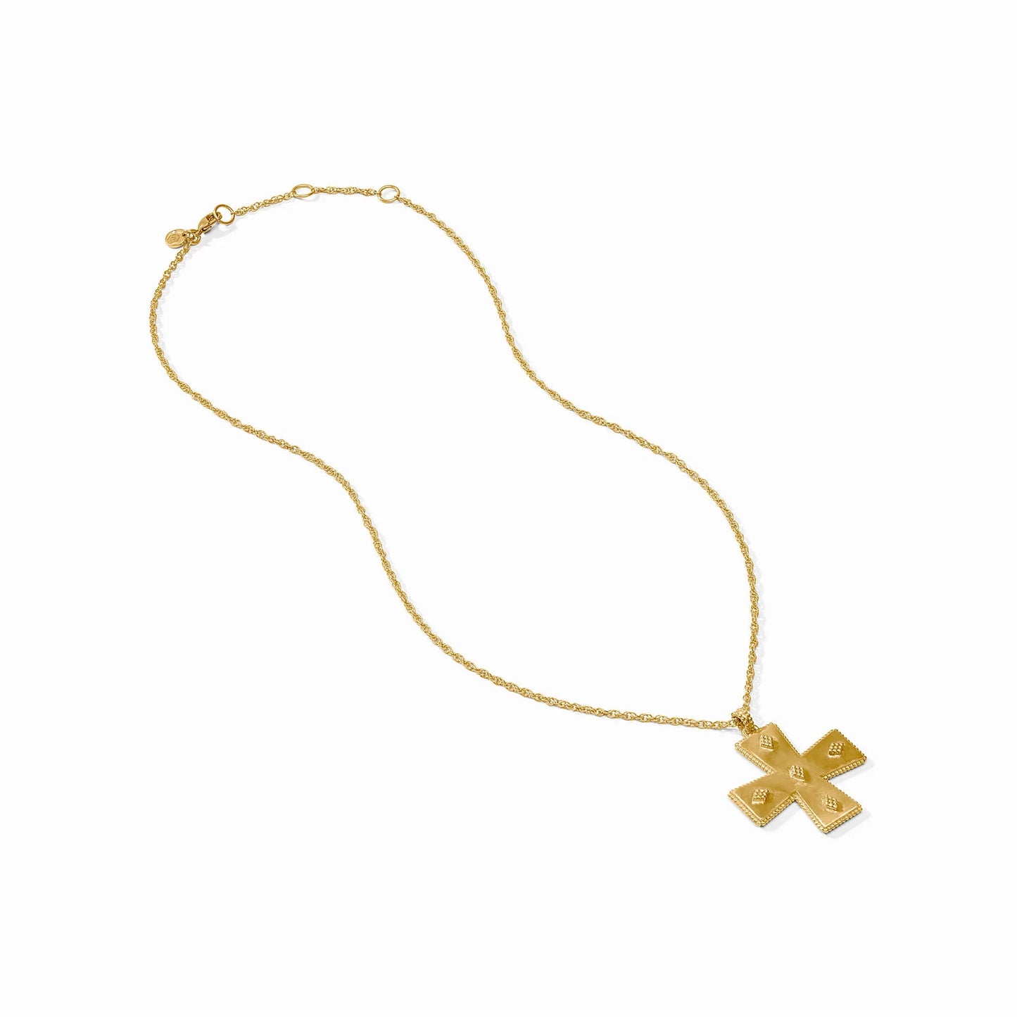 Thin, adjustable 24K gold-plated chain with a large flat cross pendant featuring beveled edges and stud accents; lobster clasp closure. Available in multiple sizes.