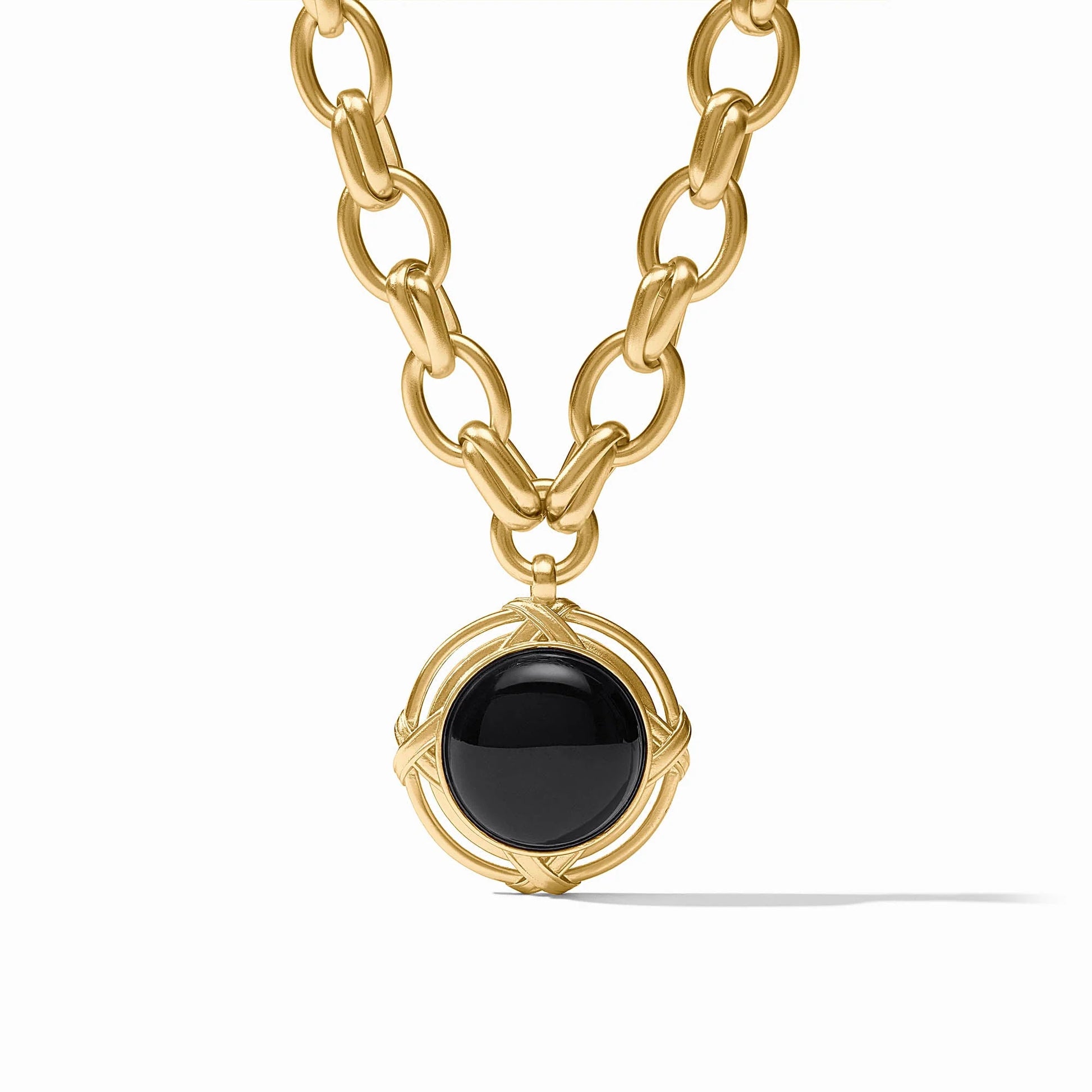 Chunky gold chain necklace with round obsidian black stone pendant set in gleaming gold. Available in sizes: S, M, L.