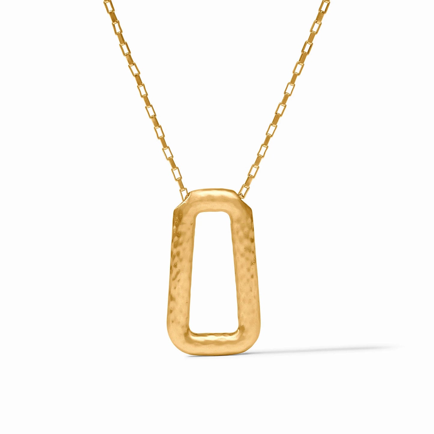 Sahara Necklace Gold by Julie Vos, 24K gold-plated with a paperclip-shaped hammered pendant on a delicate chain. Sizes available: 16-18 inches adjustable.