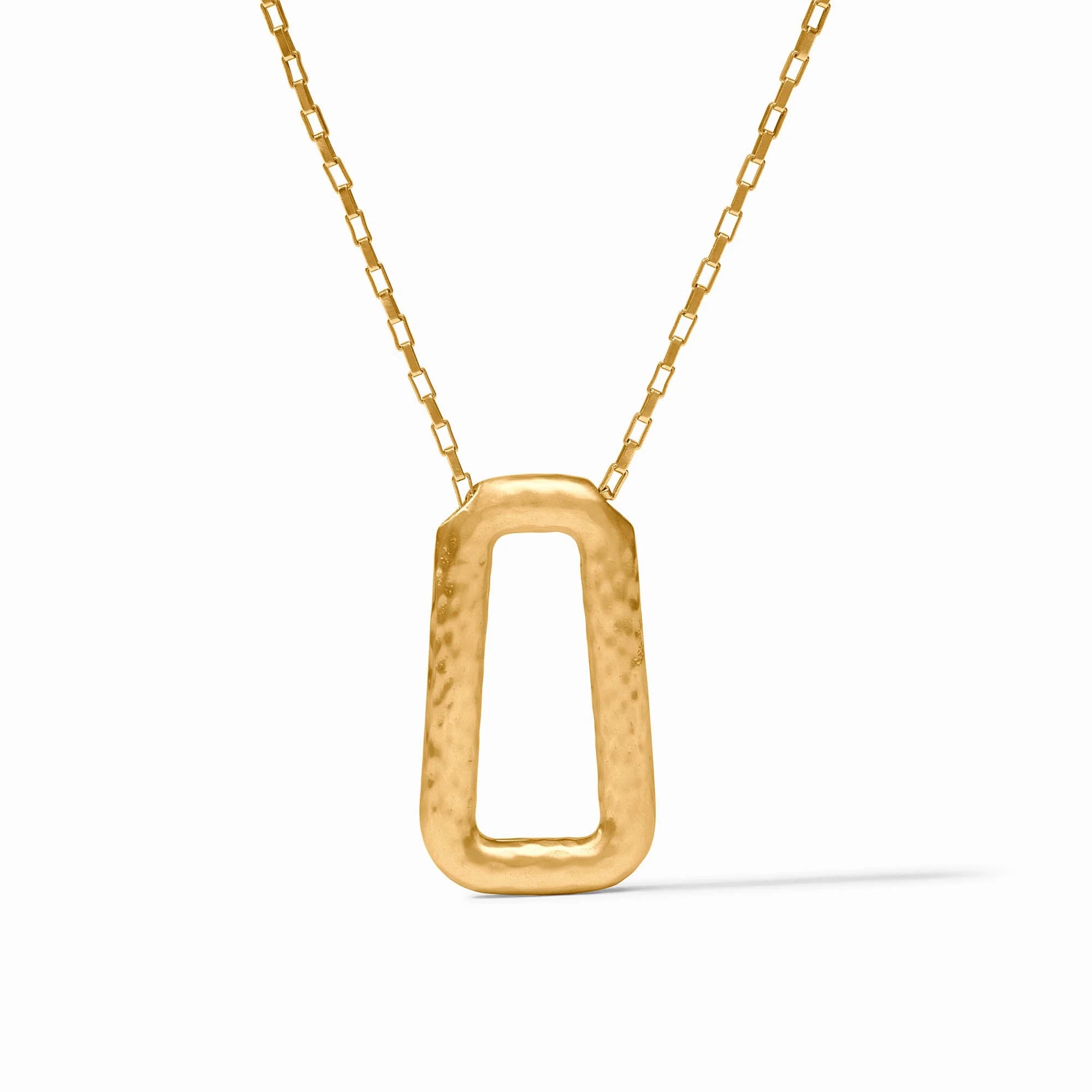 Sahara Necklace Gold by Julie Vos, 24K gold-plated with a paperclip-shaped hammered pendant on a delicate chain. Sizes available: 16-18 inches adjustable.