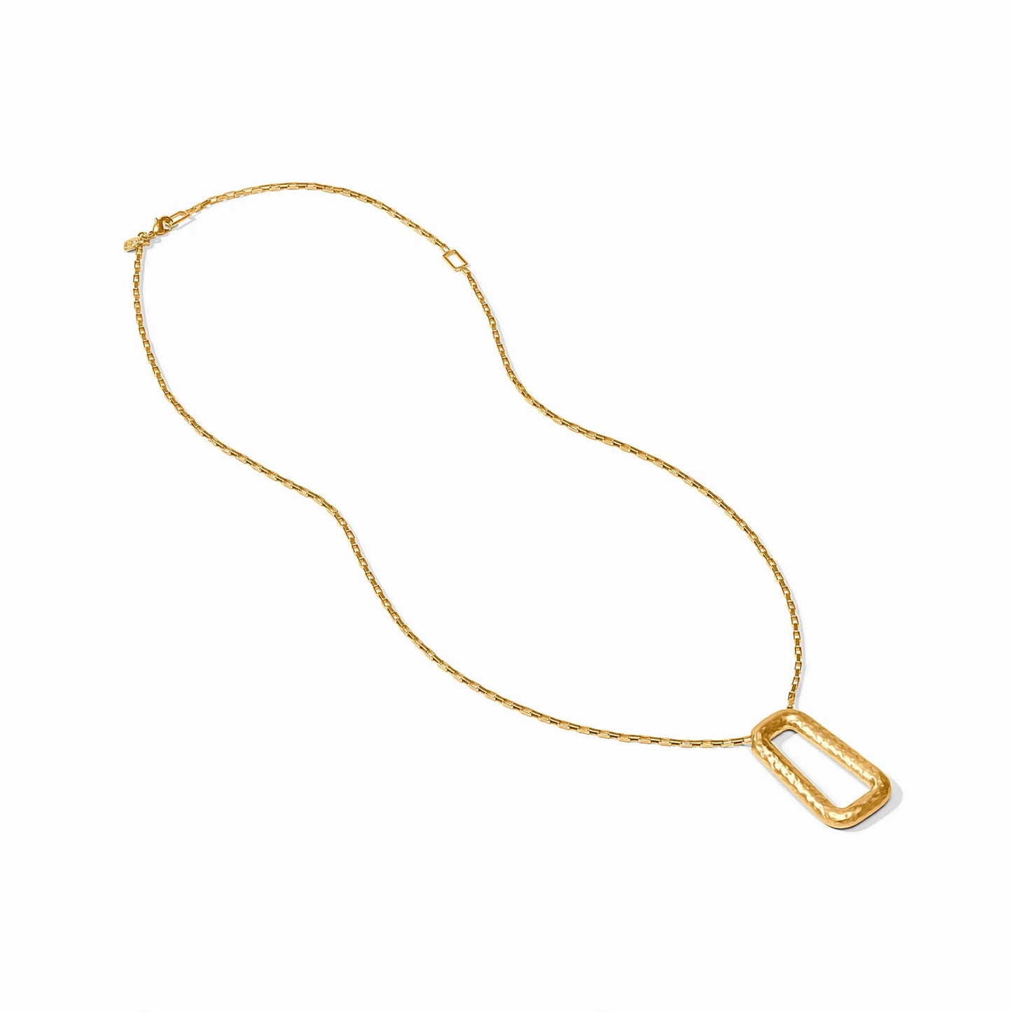 The Sahara Necklace Gold has a rectangular open pendant on a 24K gold plate chain. Available sizes: Small, Medium, Large.
