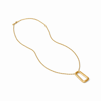 The Sahara Necklace Gold has a rectangular open pendant on a 24K gold plate chain. Available sizes: Small, Medium, Large.