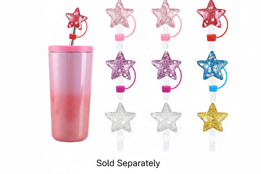 Pink ombre tumbler with straw, available in multiple sizes. Text reads, “Sold Separately.”.