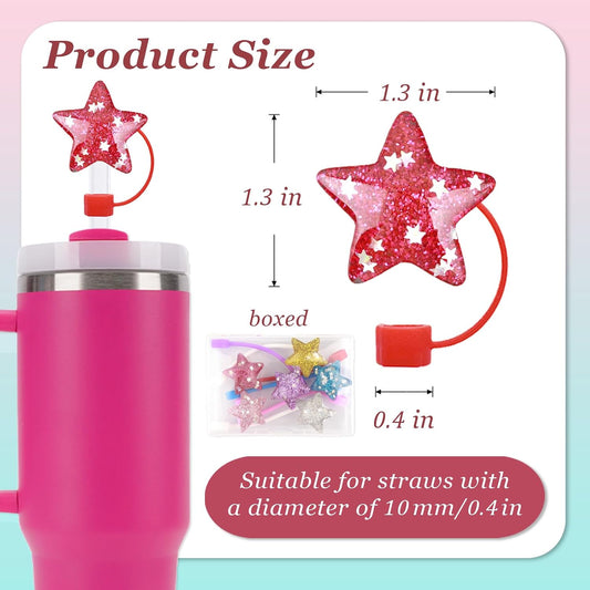 Pink tumbler with a glittery, star-shaped pink silicone straw cover measuring 1.3 by 1.3 inches, fitting 0.4-inch straws.