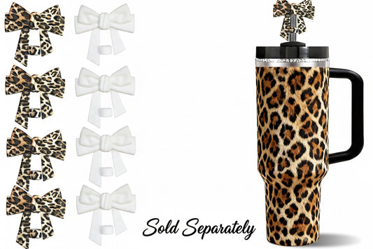 Animal Print Straw Cover: tall tumbler with sleek black handle, leopard print design, matching straw, and attached leopard print bow. Available in multiple sizes.