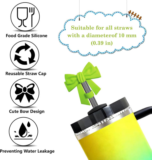Green, bow-shaped straw cover made of food-grade silicone, designed for 10 mm (0.39 in) diameter straws; reusable and leak-preventing.