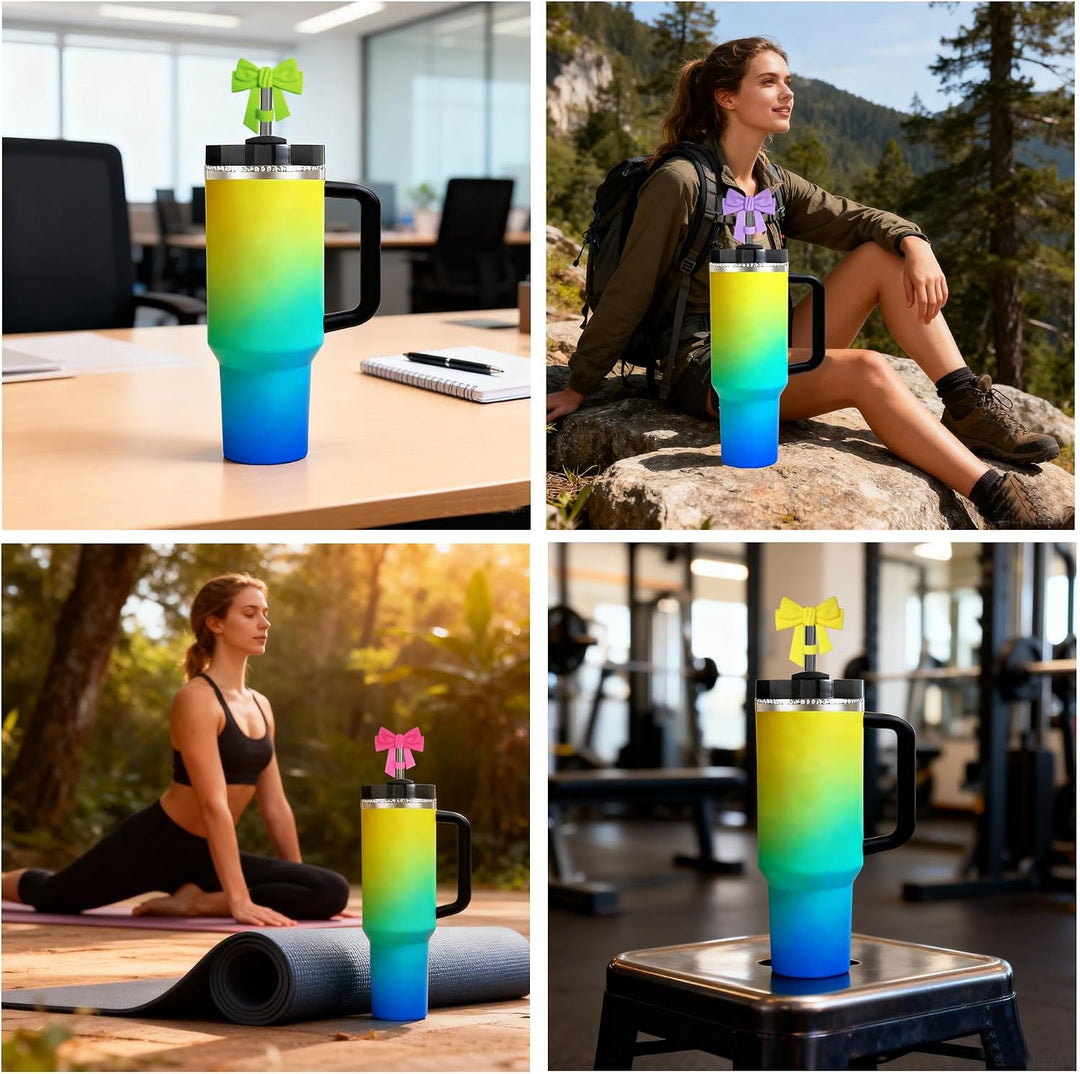 Tumbler with Animal Print Straw Cover, shown in various settings; available in multiple sizes.