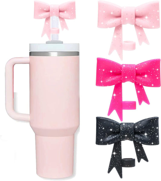 Light pink travel mug with Glitter Large Bow Straw Cover; available in multiple sizes.