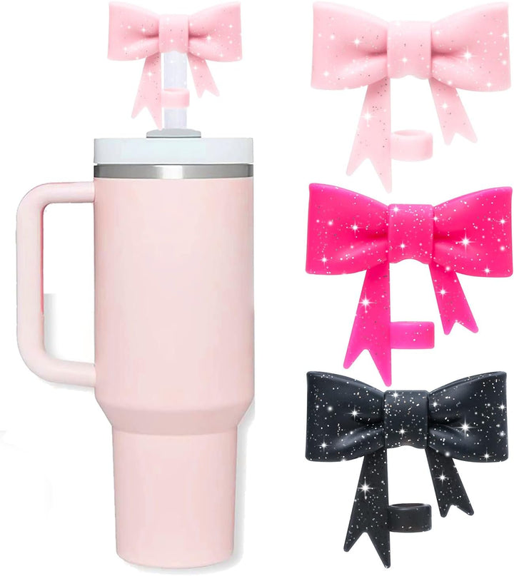 Light pink travel mug with Glitter Large Bow Straw Cover; available in multiple sizes.