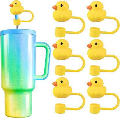 Duckies Straw Topper: Seven yellow rubber duck-shaped silicone straw covers with circular rings and a duck-shaped straw cap. Sizes available: fits standard tumbler straws.