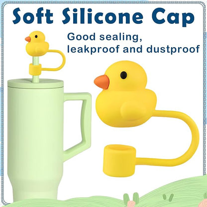 Duckies Straw Topper, yellow rubber duck shape, silicone. Features: soft silicone cap, good sealing, leakproof, and dustproof. Sizes available.