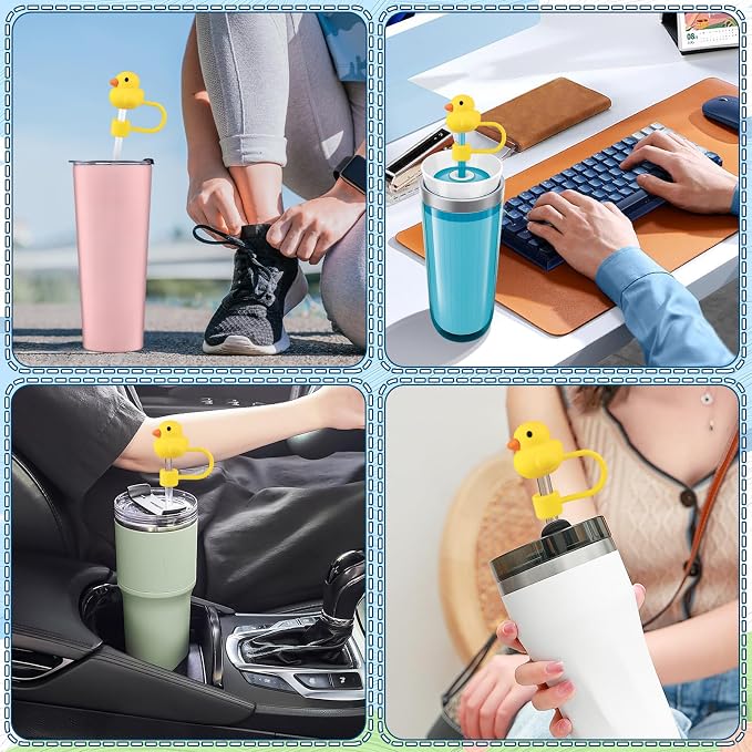 Collage showing silicone Duckies Straw Topper in different colors on cups. Available in small, medium, and large sizes.