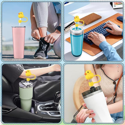 Collage showing silicone Duckies Straw Topper in different colors on cups. Available in small, medium, and large sizes.