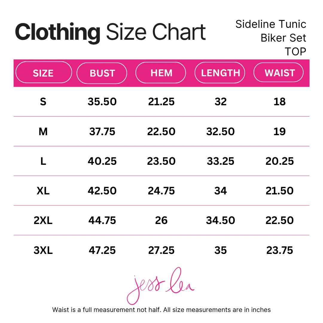 Size chart for Sideline Tunic Biker Set lists sizes S to 3XL with bust, hem, length, and waist measurements in inches. “jess lea” is at the bottom.