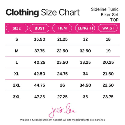 Size chart for Sideline Tunic Biker Set lists sizes S to 3XL with bust, hem, length, and waist measurements in inches. “jess lea” is at the bottom.