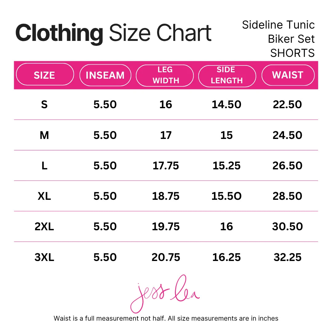 Sideline Tunic Biker Set shorts size chart showing measurements for size, inseam, leg width, side length, and waist in inches, available in sizes S to 3XL. Jess Lea logo at the bottom.