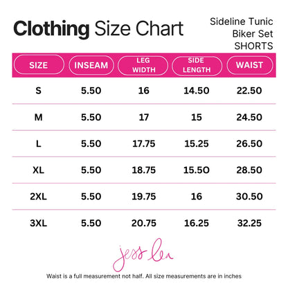 Sideline Tunic Biker Set shorts size chart showing measurements for size, inseam, leg width, side length, and waist in inches, available in sizes S to 3XL. Jess Lea logo at the bottom.