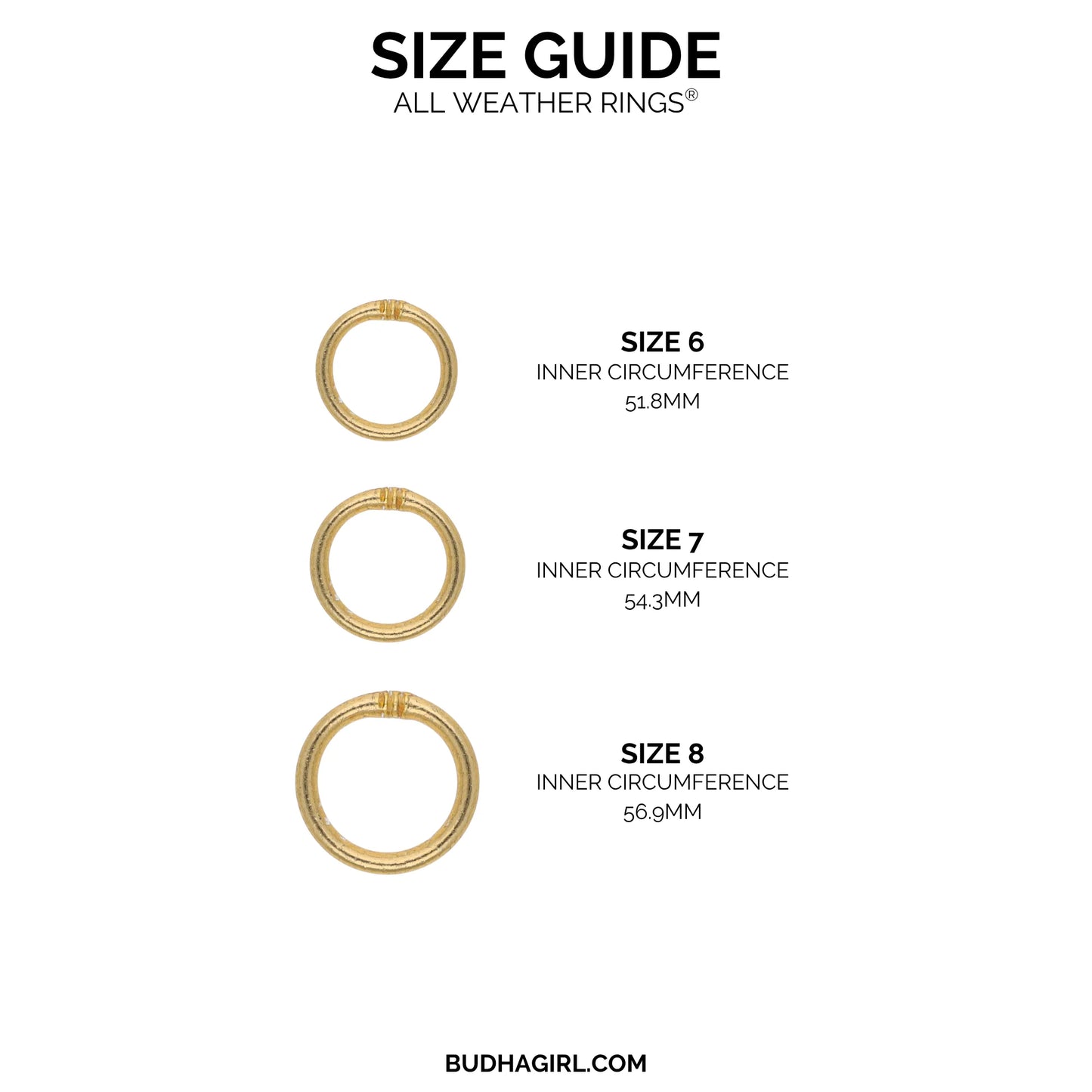 Set of three waterproof gold rings available in sizes 6 (51.8mm), 7 (54.3mm), and 8 (56.9mm) inner circumference.
