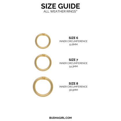 Set of three waterproof gold rings available in sizes 6 (51.8mm), 7 (54.3mm), and 8 (56.9mm) inner circumference.