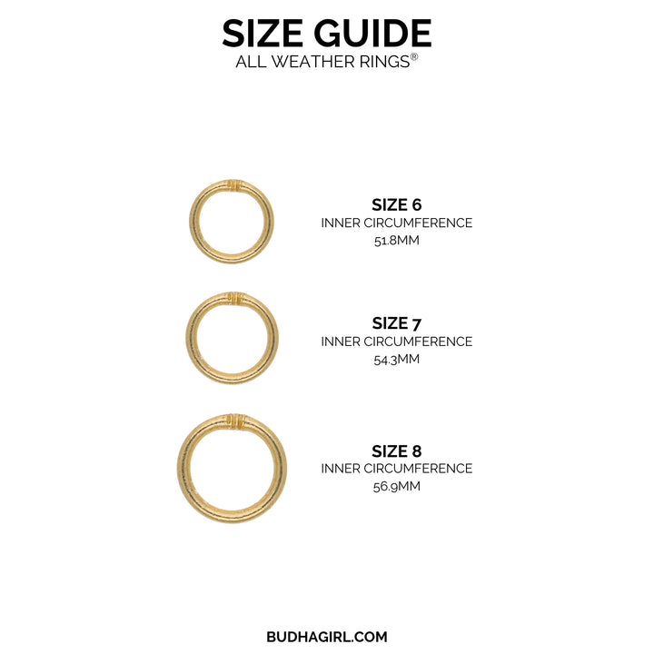 Set of three waterproof gold rings available in sizes 6 (51.8mm), 7 (54.3mm), and 8 (56.9mm) inner circumference.
