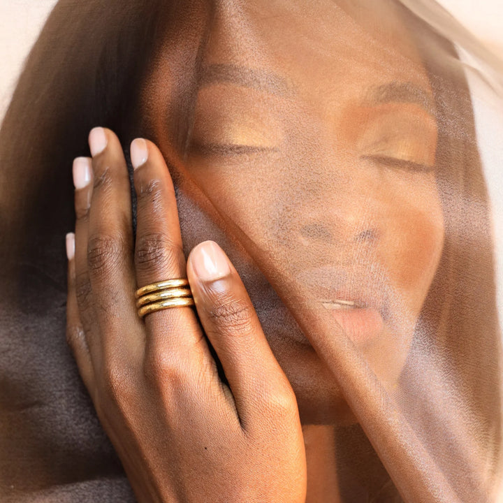 Aura All Weather Rings Set of 3, shown stacked, available in Size 7.