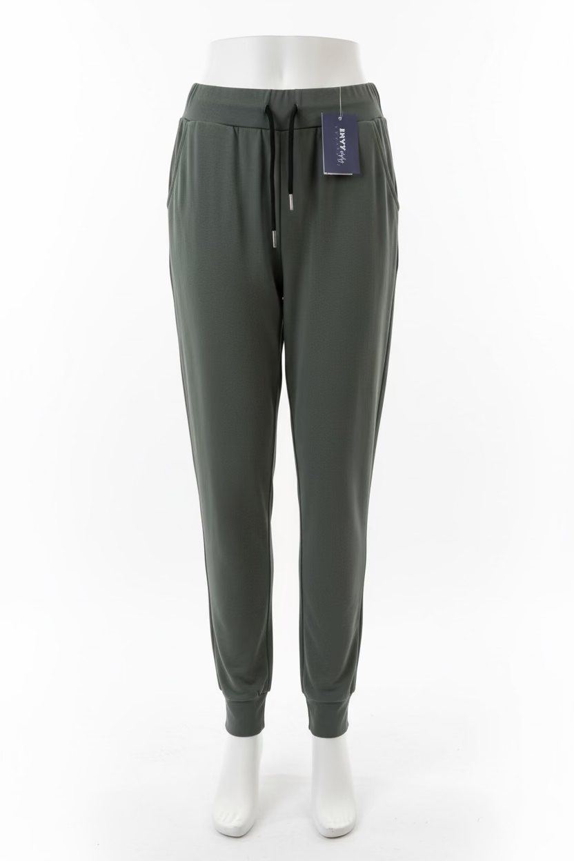 Grey Jogger Pants by Julia Rose with drawstring waist, side pockets, available in sizes S-XL. Navy blue tag attached.