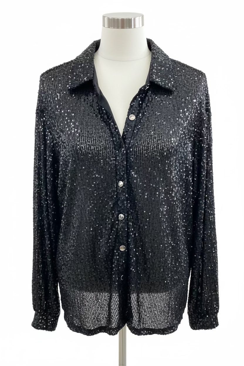 Black Sequin Button Up Top by White Birch with long sleeves and sparkling sequins. Available in sizes S–XL.