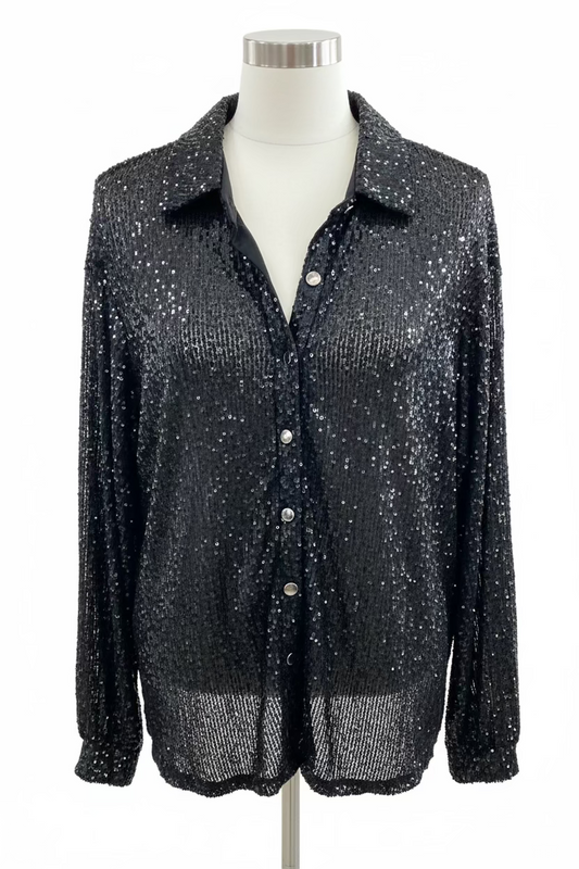 Black Sequin Button Up Top | White Birch