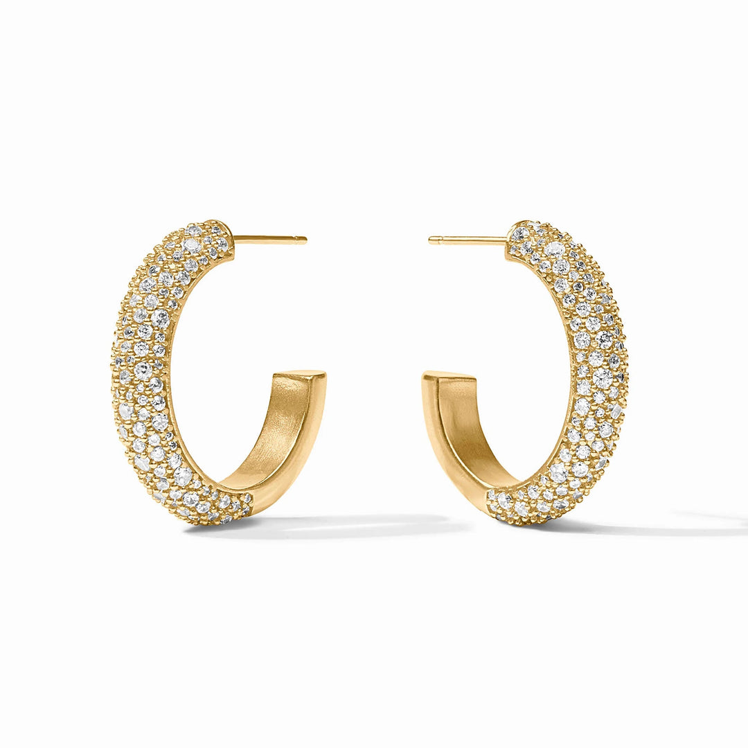 Stardust Gold Hoop Earrings, gold hoop design with front-set clear stones. Available in multiple sizes.