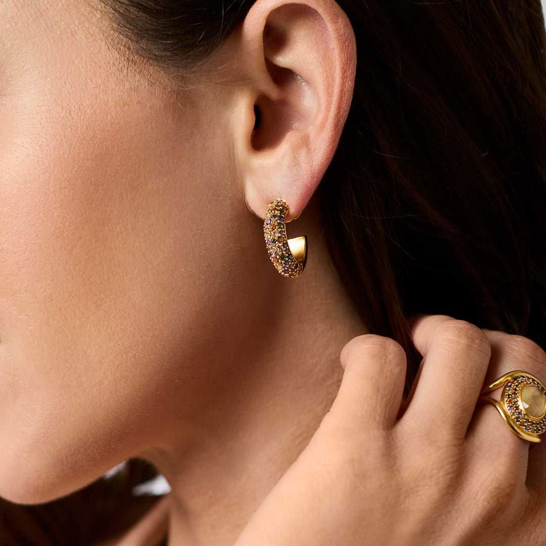 Stardust Gold Hoop Earring, small, thick gold hoop with multicolored pavé stones. Available in multiple sizes.