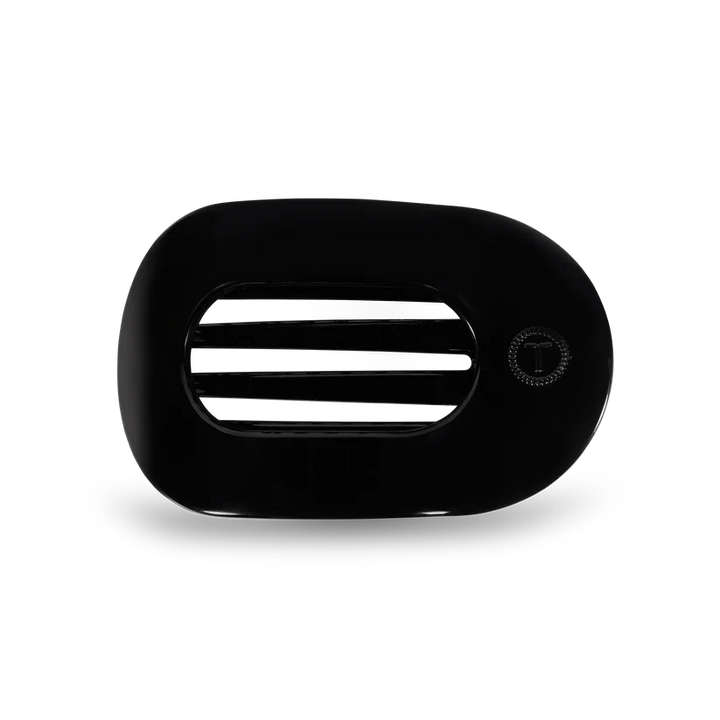 Jet Black TELETIES oval soap dish with three slots and a small circular logo in the corner. Available in multiple sizes.