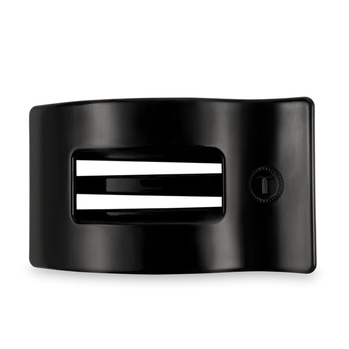 Jet Black TELETIES hair clip with durable plastic buckle, two horizontal slots, and small round dial; available in multiple sizes.