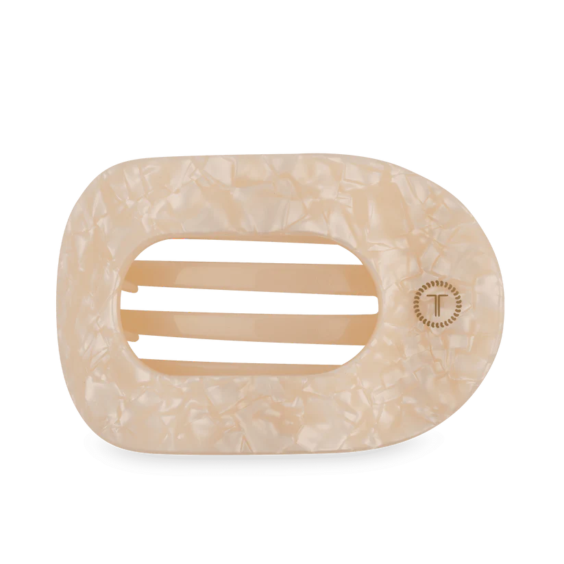 Glossy beige marbled TELETIES Flat Rectangle Hair Clip with small circular logo on right; available in multiple sizes.