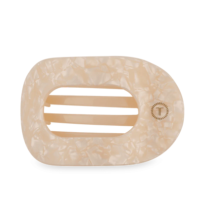 Glossy beige marbled TELETIES Flat Rectangle Hair Clip with small circular logo on right; available in multiple sizes.