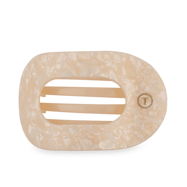 Glossy beige marbled TELETIES Flat Rectangle Hair Clip with small circular logo on right; available in multiple sizes.