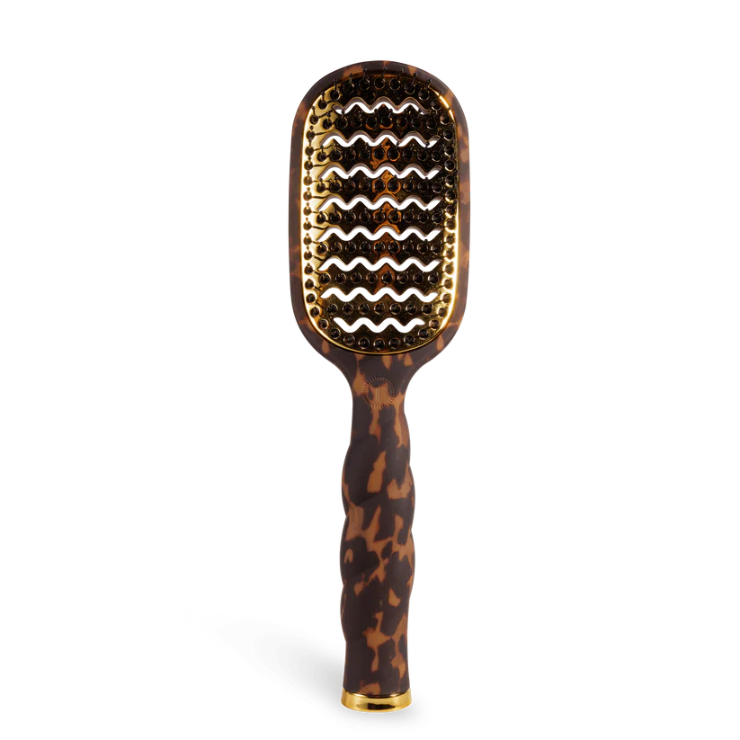 Teleties Hair Brush: tortoiseshell handle, gold vented paddle, anti-static bristles. Available in standard and large sizes.
