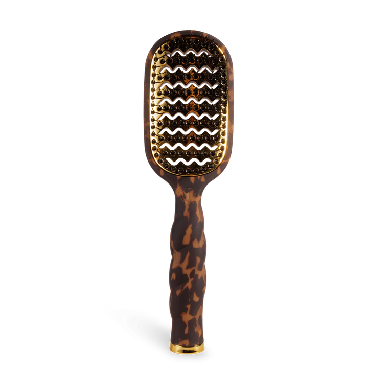 Teleties Hair Brush: tortoiseshell handle, gold vented paddle, anti-static bristles. Available in standard and large sizes.