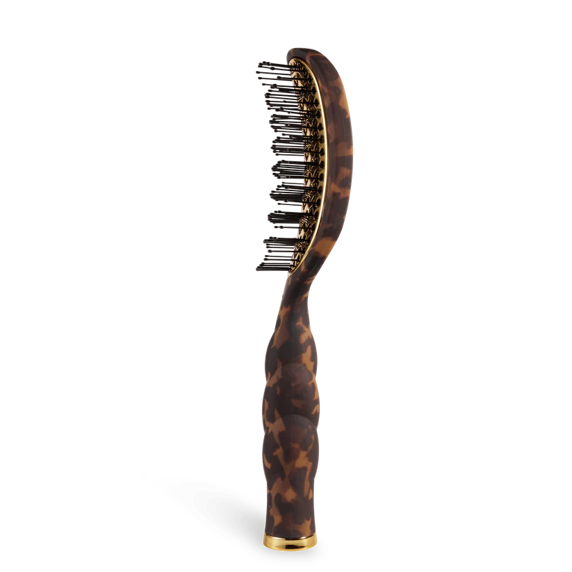 Teleties Hair Brush with brown and gold tortoiseshell pattern, curved handle, wide bristles for thick hair; available in multiple sizes.