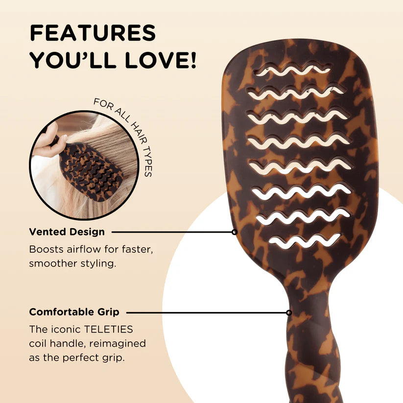 Teleties Hair Brush in brown tortoiseshell, vents, ergonomic handle, anti-static bristles, detangler; sizes S/M/L.