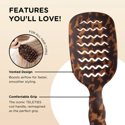 Teleties Hair Brush in brown tortoiseshell, vents, ergonomic handle, anti-static bristles, detangler; sizes S/M/L.