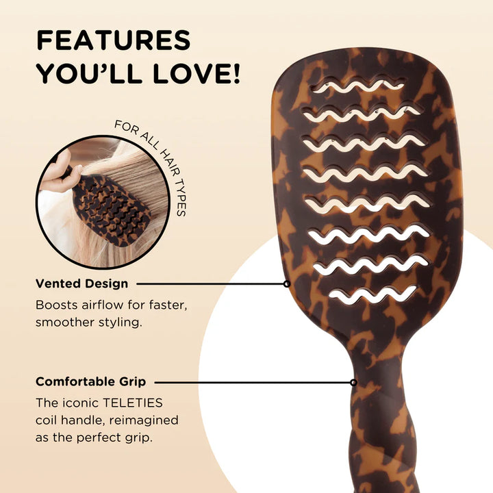 Teleties Hair Brush in brown tortoiseshell, vents, ergonomic handle, anti-static bristles, detangler; sizes S/M/L.