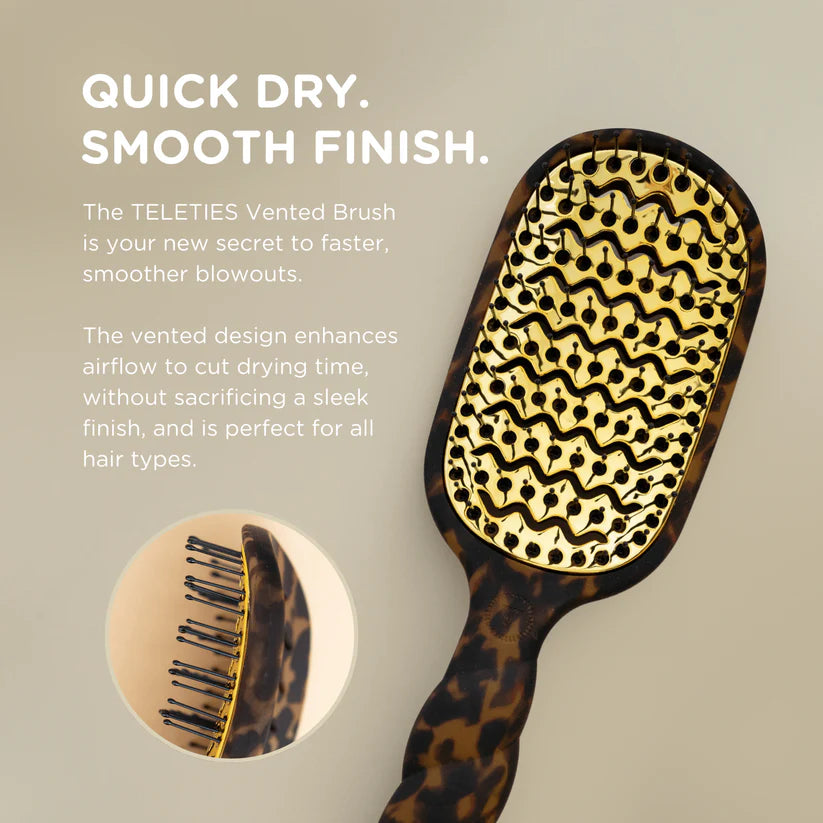 Teleties Hair Brush with leopard-print handle, gold anti-static bristles. Quick-drying, smooth finish. Available in two sizes.