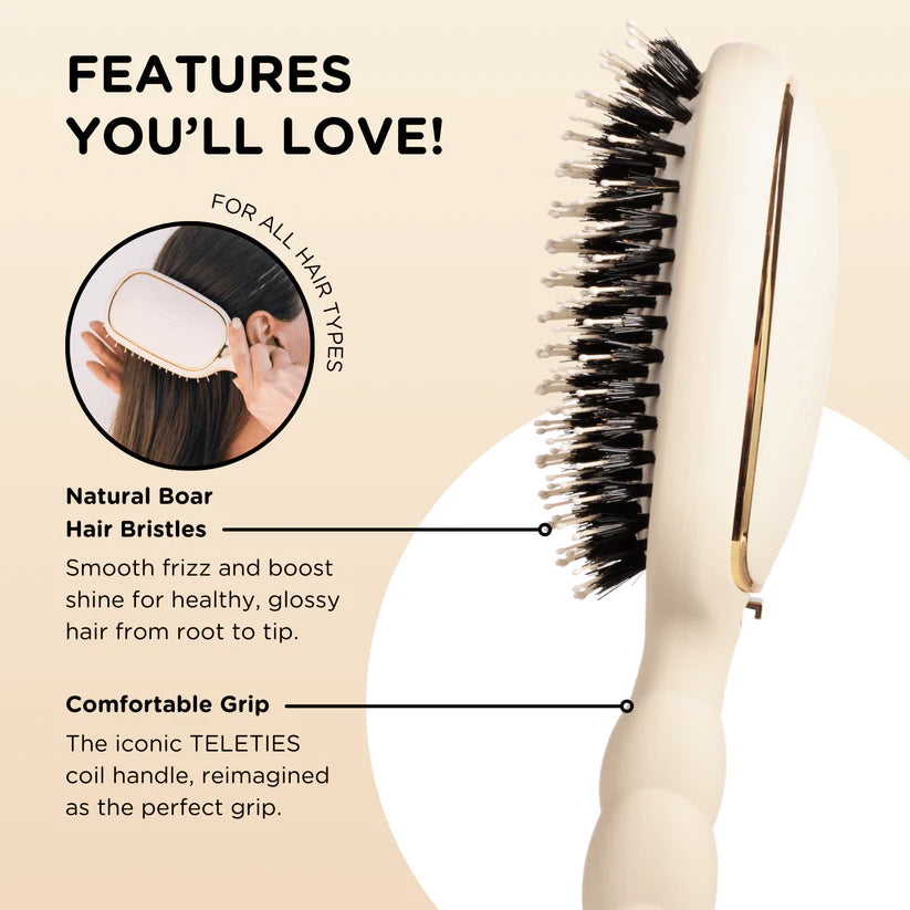 Cream-colored Teleties Hair Brush, natural boar and anti-static bristles, coil handle; available in standard and large sizes.